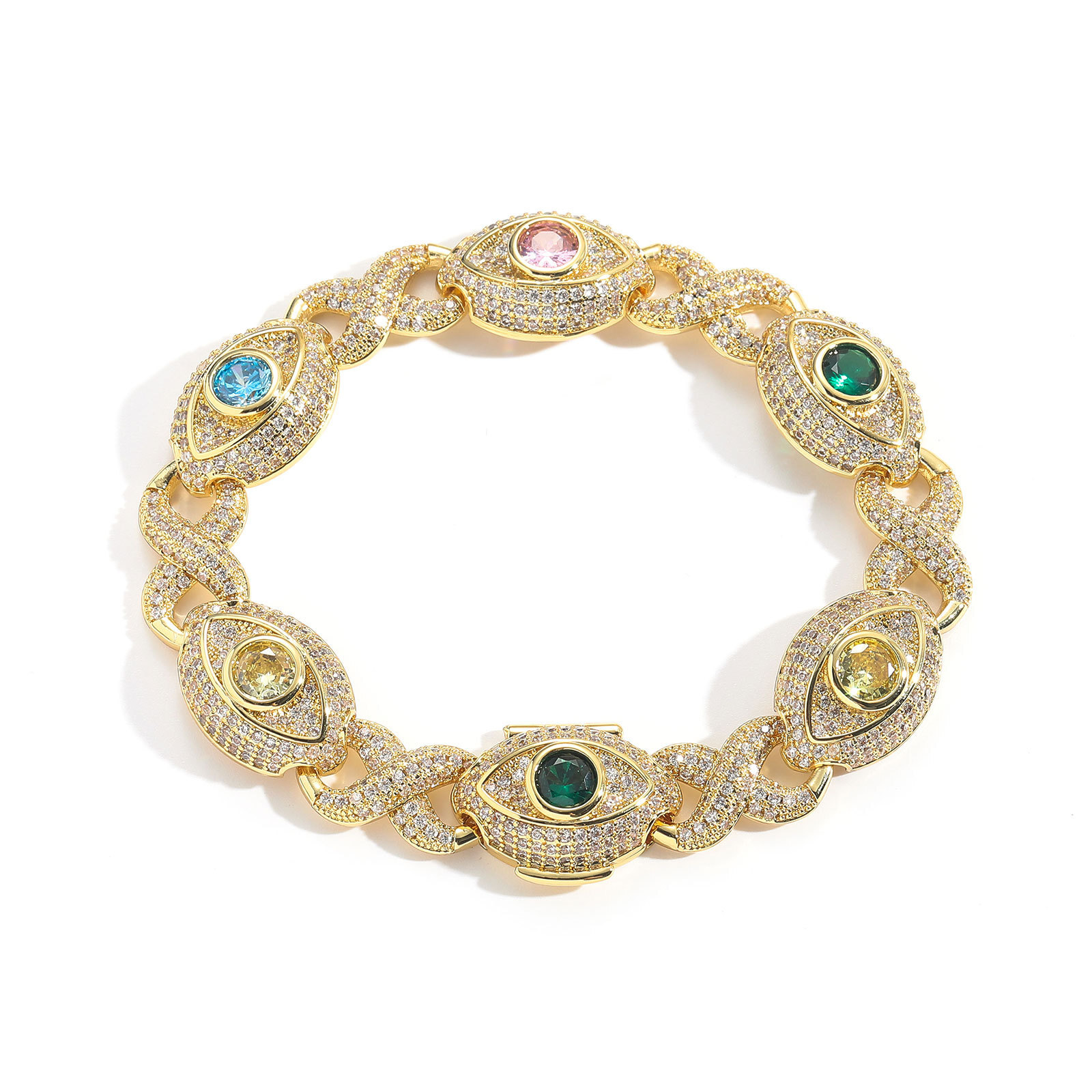 Hip Hop Colorful Eye Cuban Chain Necklace Bracelets 5A Zircon Mens Jewelry