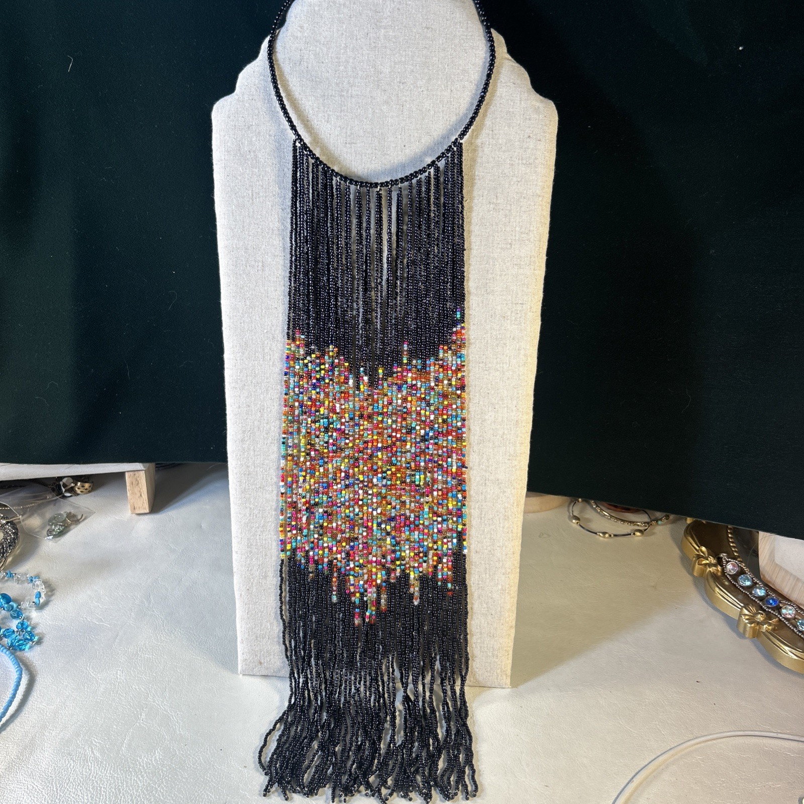 Long Seed Bead Fringe Statement Necklace Black Multicolor Boho Festival Jewelry