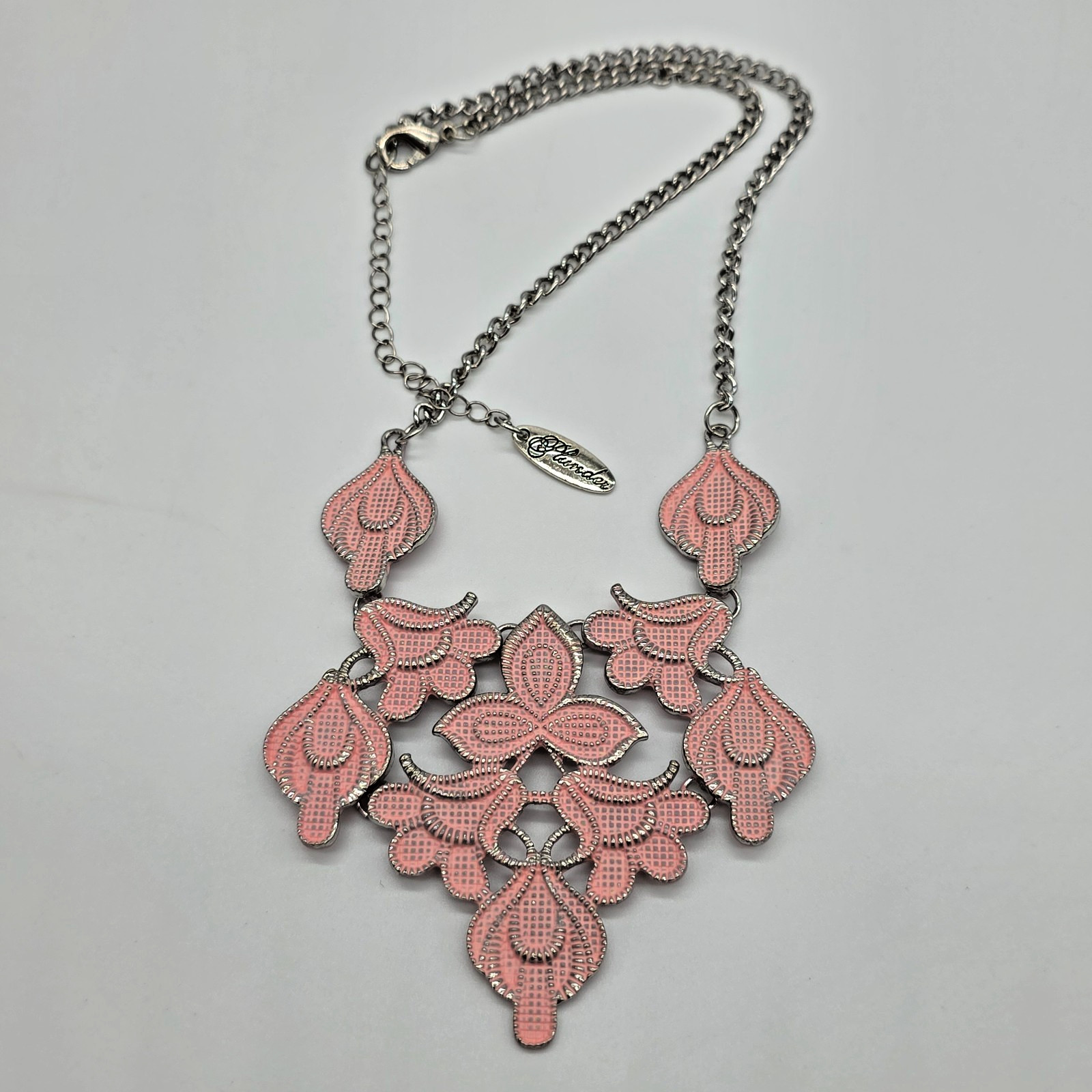 Plunder SUE Silver Cuban Link Soft Pink Floral Bib Bohemian Statement Necklace