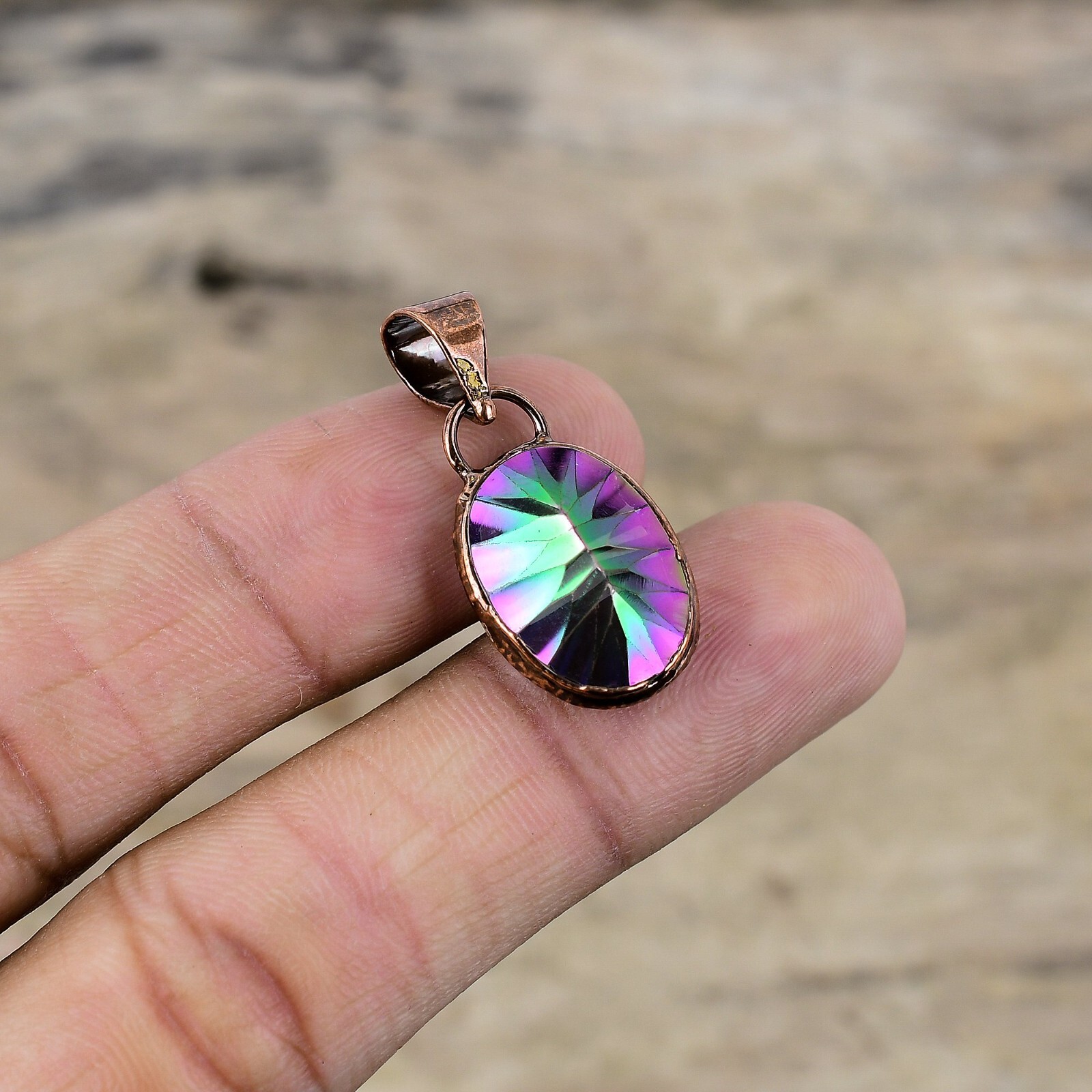 Copper Rainbow Mystic Topaz Gemstone Bezel Wedding Electroformed Pendant Jewelry