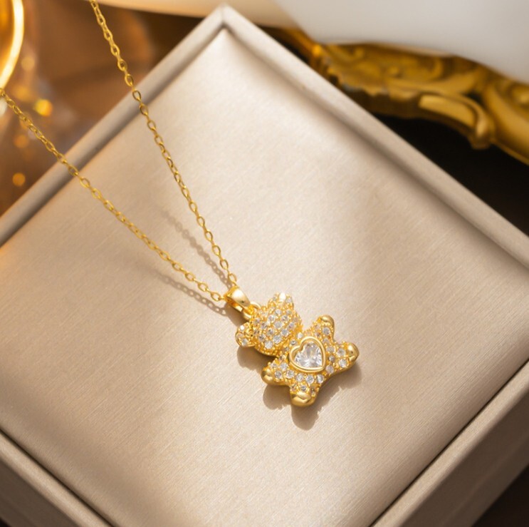 Trendy Gold Titanium Love Heart Teddy Bear Pave CZ Pendant Chain Necklace