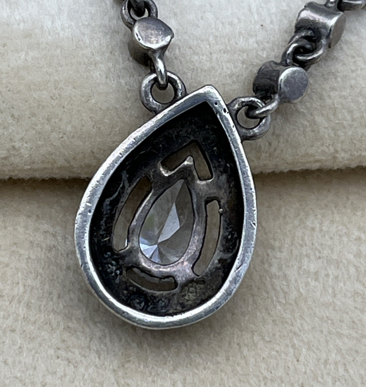 925 Sterling Silver Marcasite Style Glass Pear Pendant Necklace 48cm Vintage