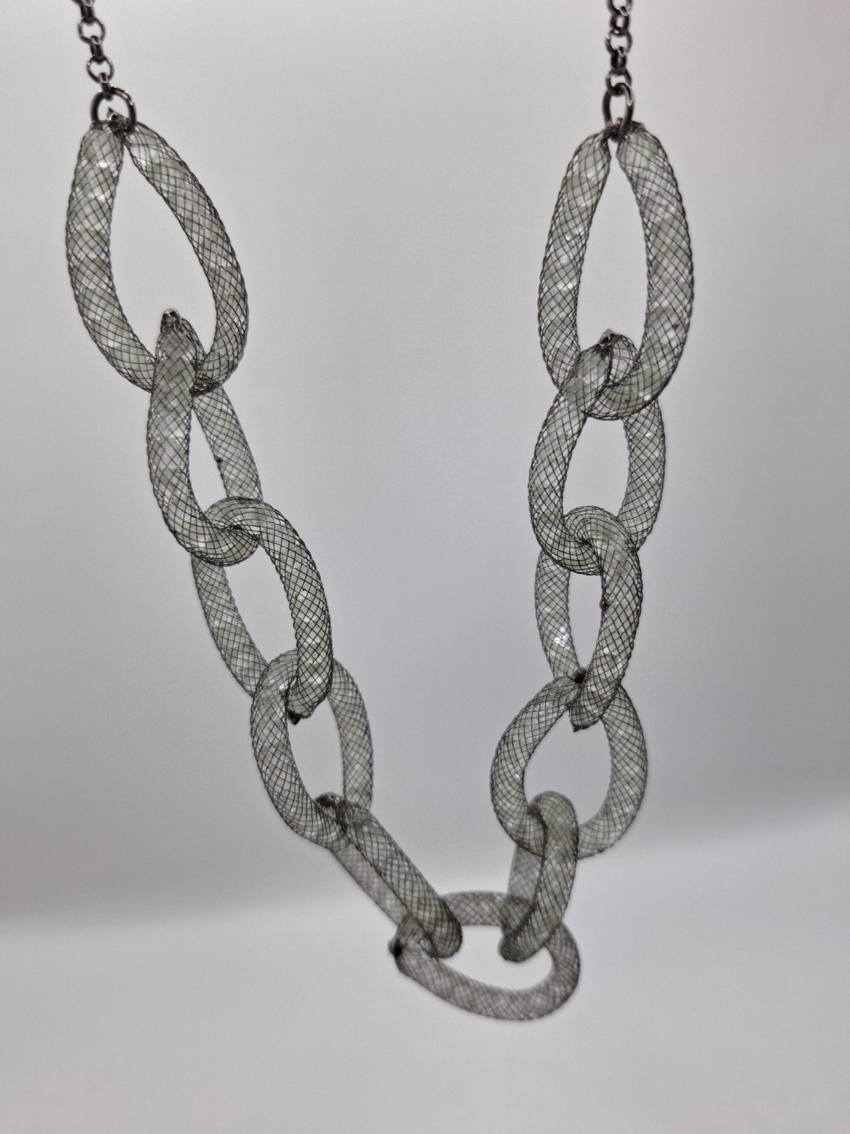 Black Mesh Tube Link Necklace Clear Rhinestone Bead Statement Jewelry