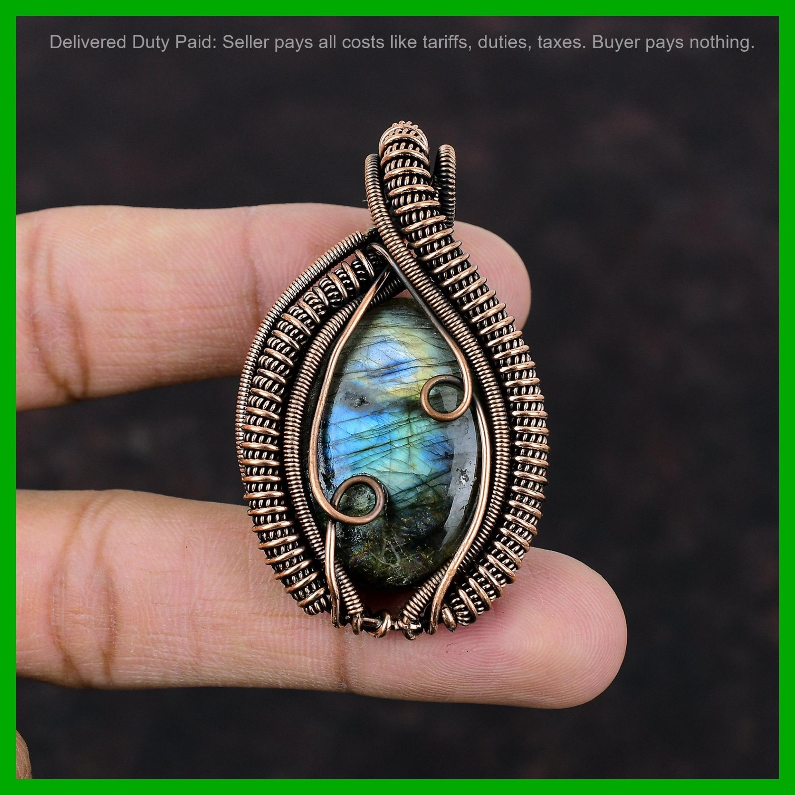 Valentines Deal Oval Labradorite Stone Copper Handcrafted Wire Wrapped Pendant