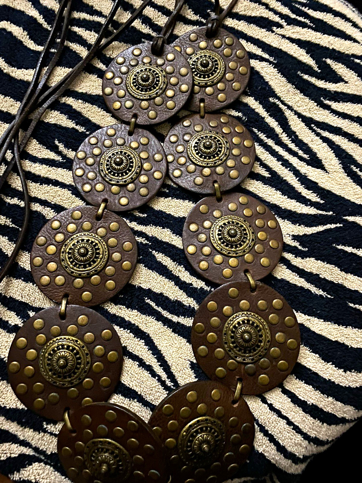 BrowLeather Cord Statement necklace / belt w/ Round Studded Disc Pendant, Brass