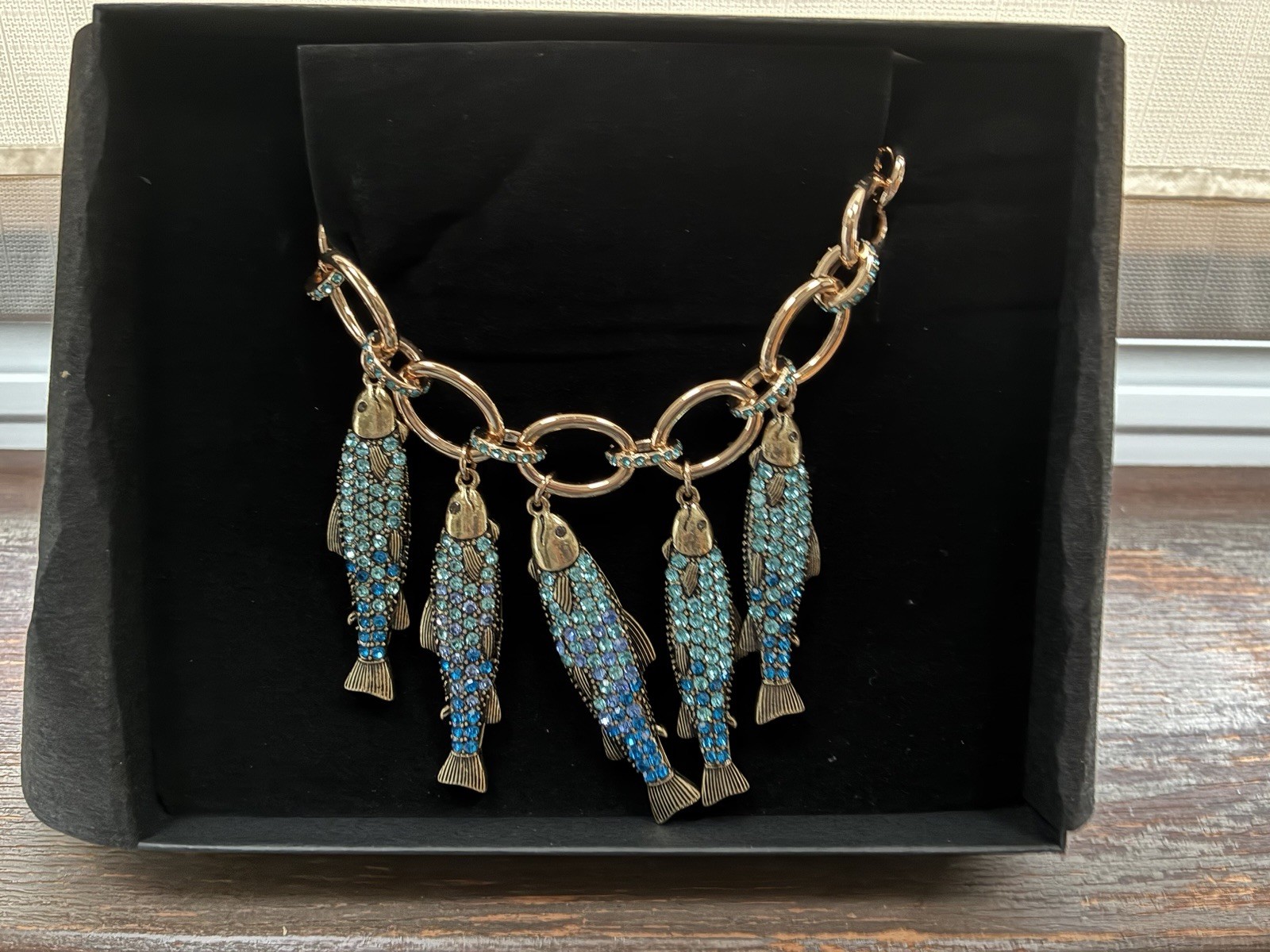 Betsey Johnson Gold-Tone Sardine fish Necklace w/ Blue Rhinestones
