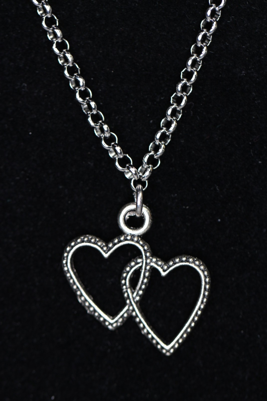 Hearts Necklace Silver Pewter Charm 1″ Pendant 3mm Stainless Chain 18″ Joined