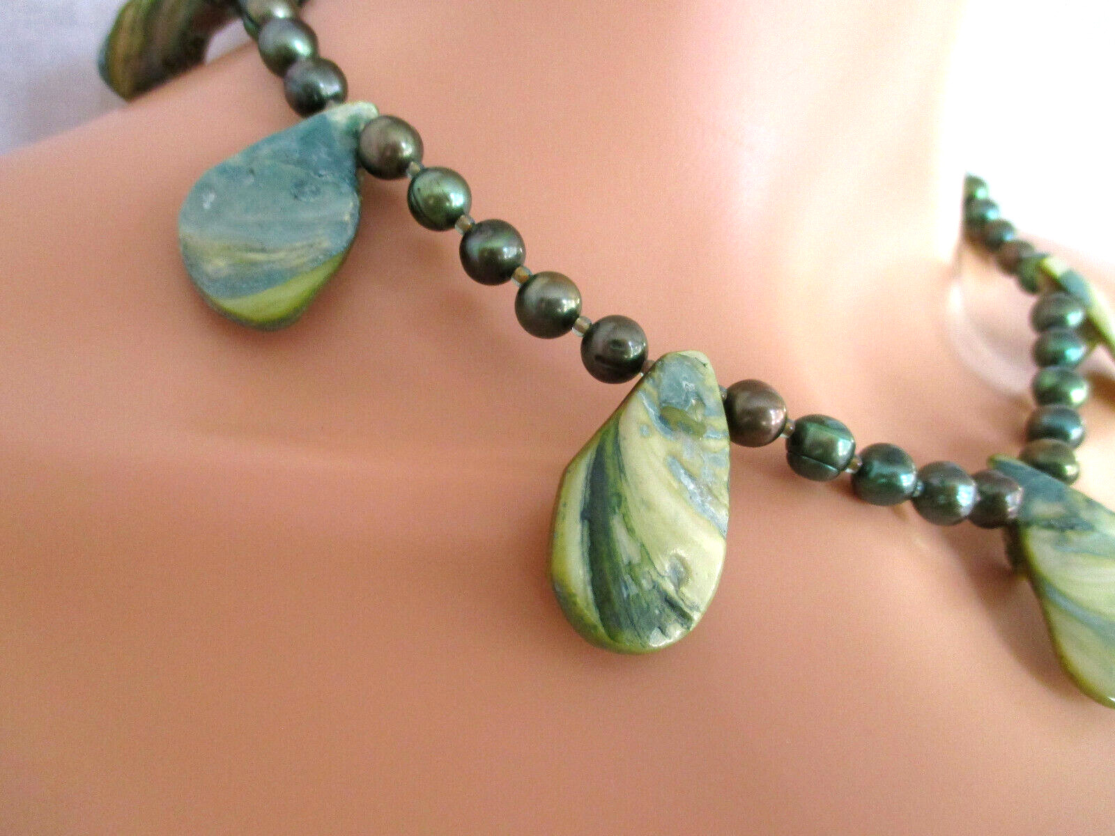Abalone & Beaded Necklace 7 Green Shell Teardrop Pendants Dark Green Beads 15″