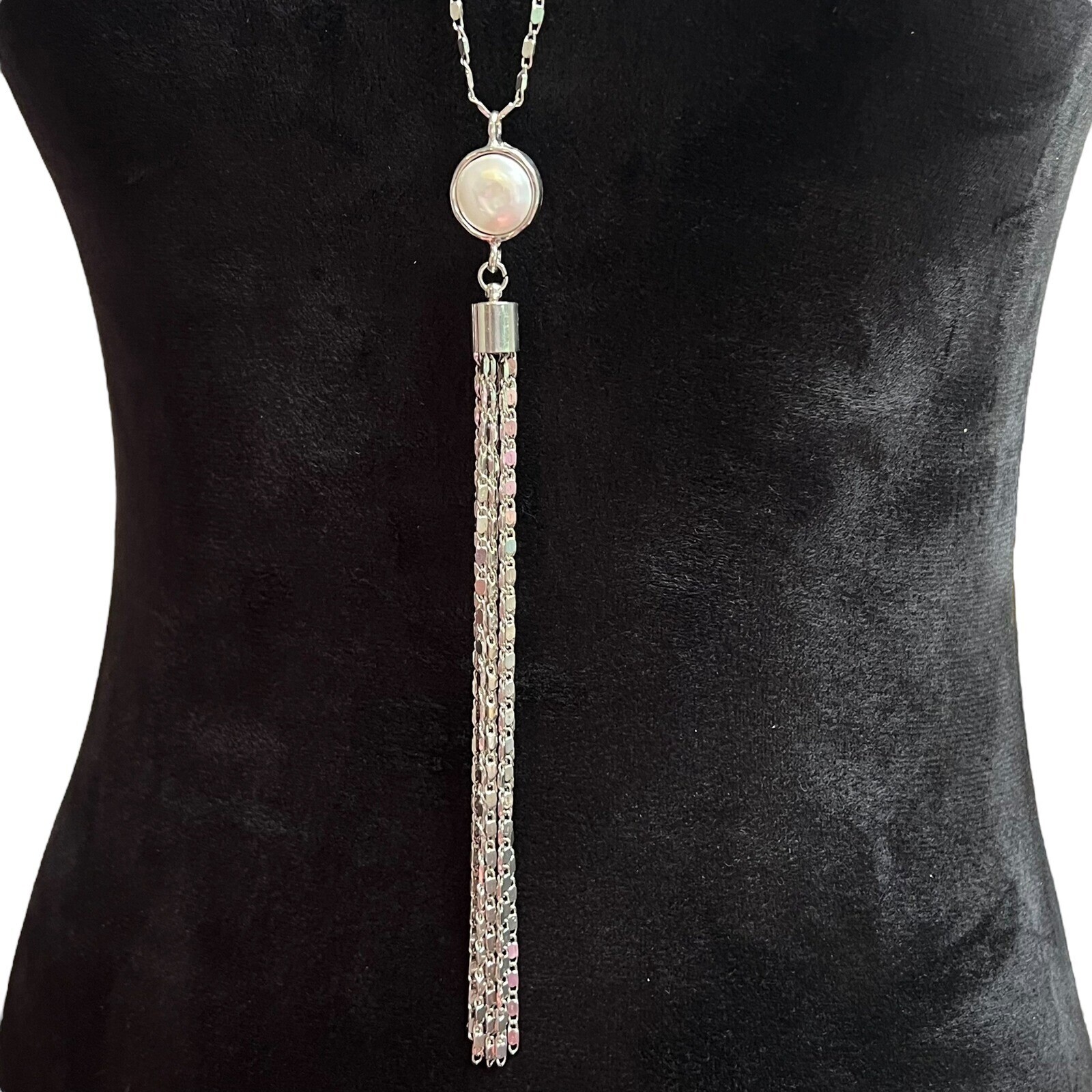 VERONESE Layered Necklace Silver Tone Baroque Pearl Pendant Tassel Chain Women