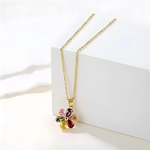 Women’s Colorful Cubic Zirconia Flower Shaped Pendant Necklace 18k Gold Plated