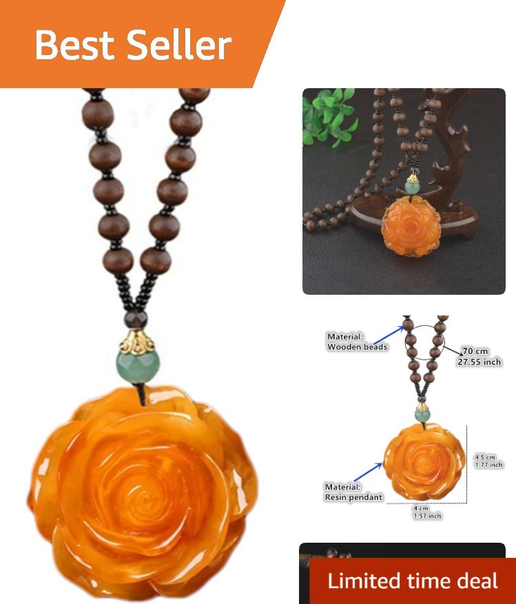 Charming Long Wooden Bead Necklace – Handmade Vintage Flower Pendant (4.5cm)