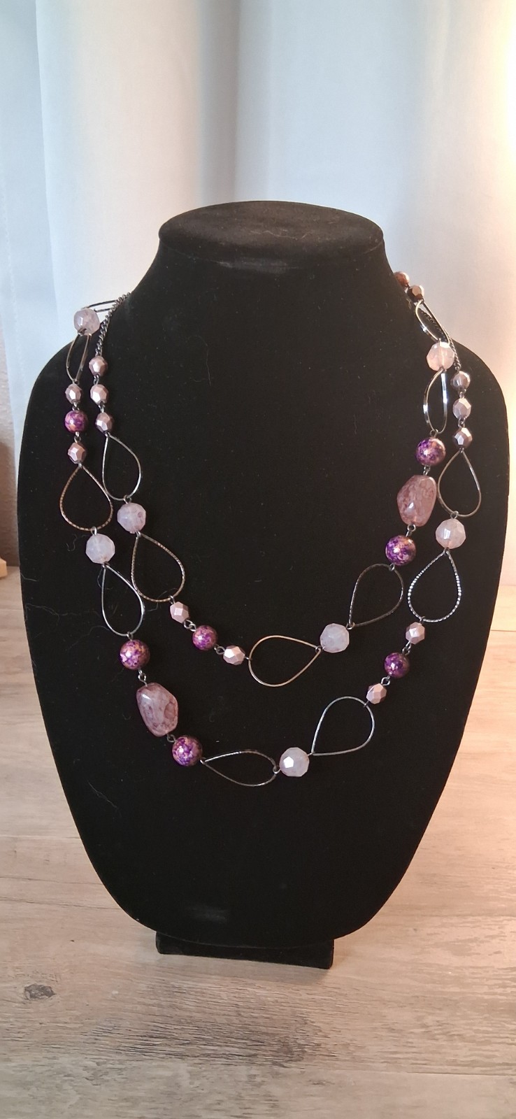 Purple Pink Round Glass Beaded Necklace Silver Tone Cable Chain Adjustable 23in