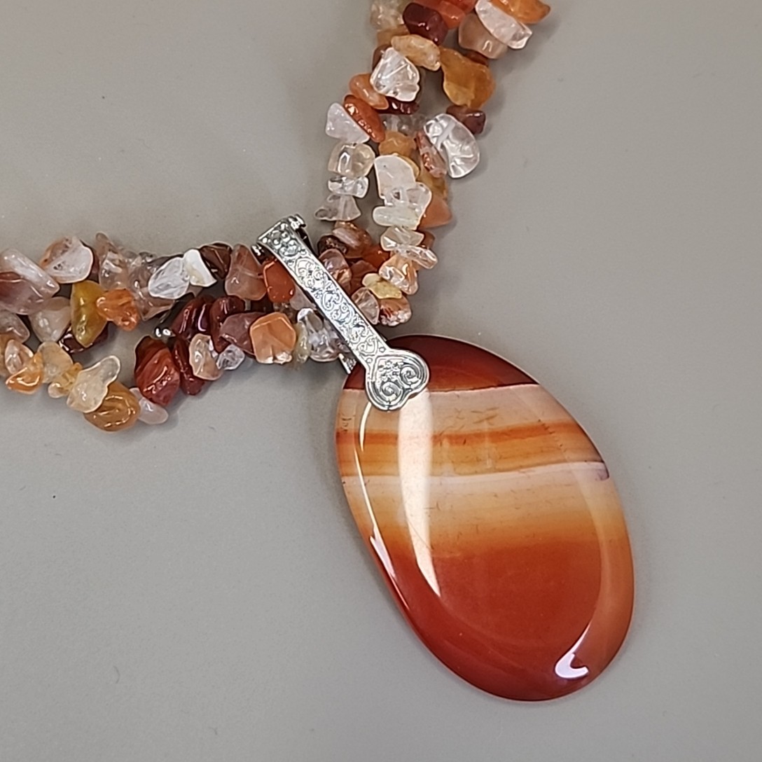 Carnelian Agate Necklace Chip Beaded Triple Layered Statement Orange JTV 22″