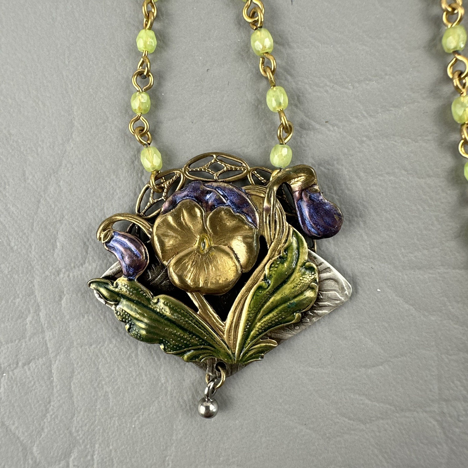 Art Nouveau Style Floral Necklace Green Beads Pansy Pendant Dainty 17″