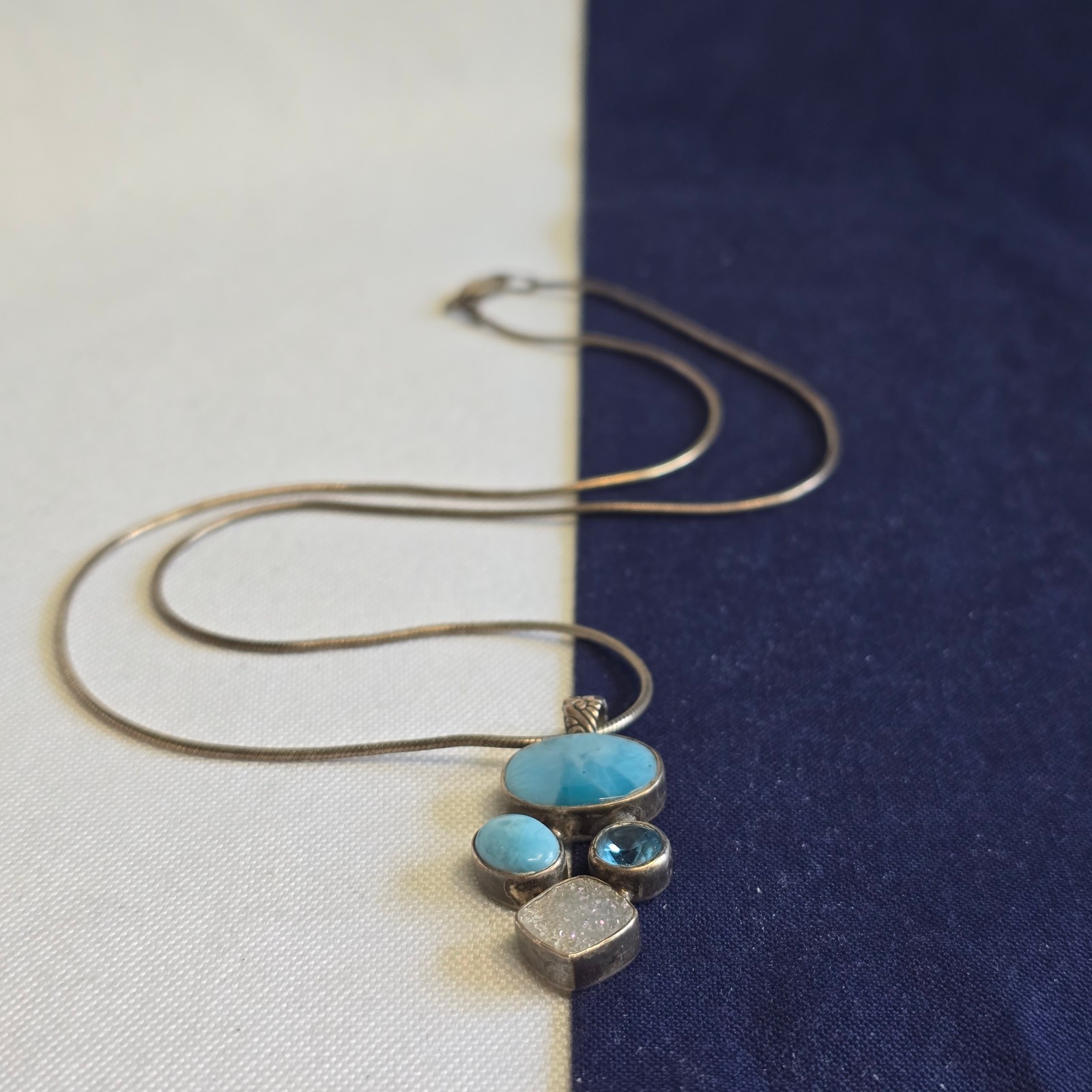 Sterling Silver Necklace 9.96g Fine Jewelry 18″ Chain Blue & White Stones *READ*
