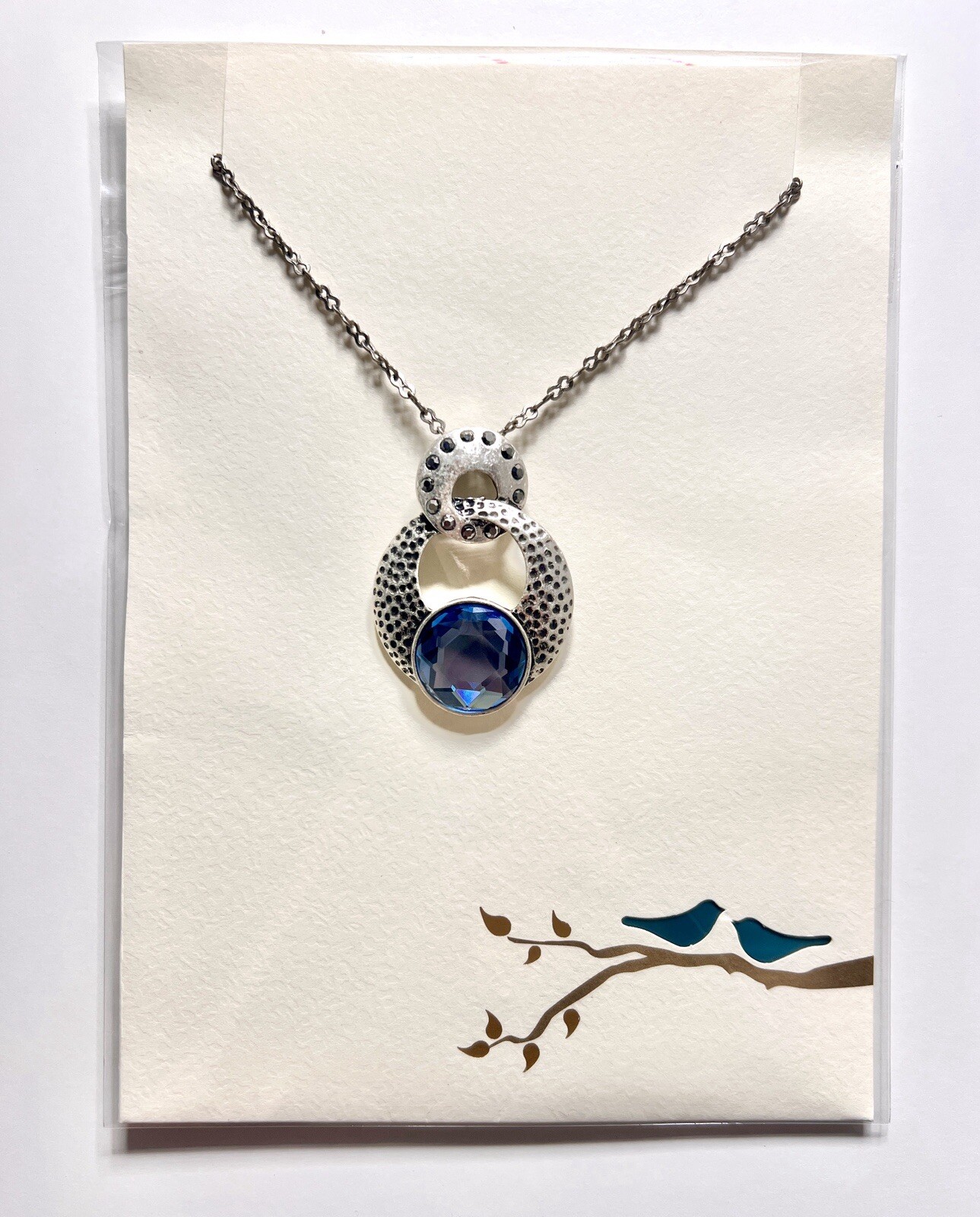 Lia Sophia Kiam Family “Caleigh” Matte Silver Tone & Blue Crystal Stone Necklace