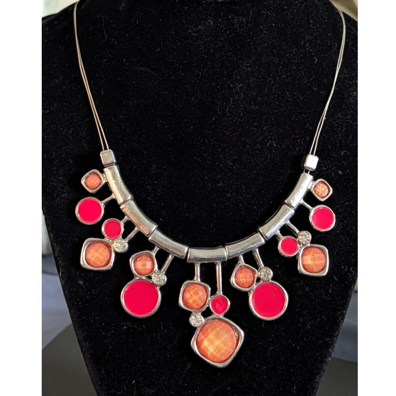 Unbranded Pink Orange Silver Tone Geometric Rhinestone Statement Bib Necklace