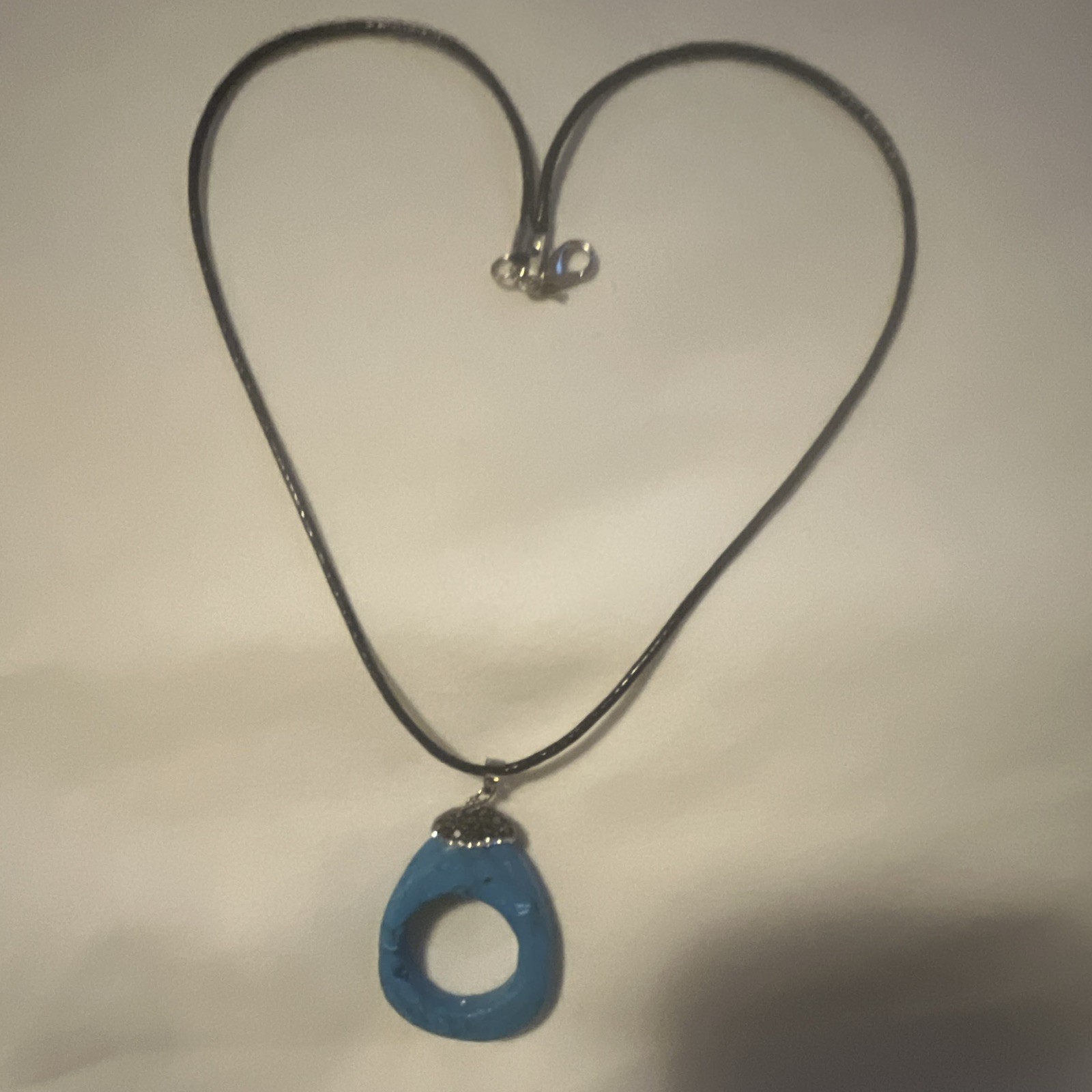 Blue Glass Teardrop Pendant Necklace on Black Cord Chain, Lobster Closure
