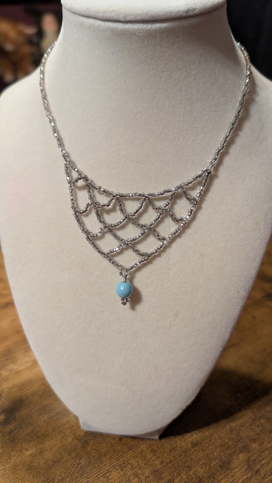 Beaded Bib Style Choker 14″ Gray Clear Iridescent Beads Blue Bead Charm Y2K