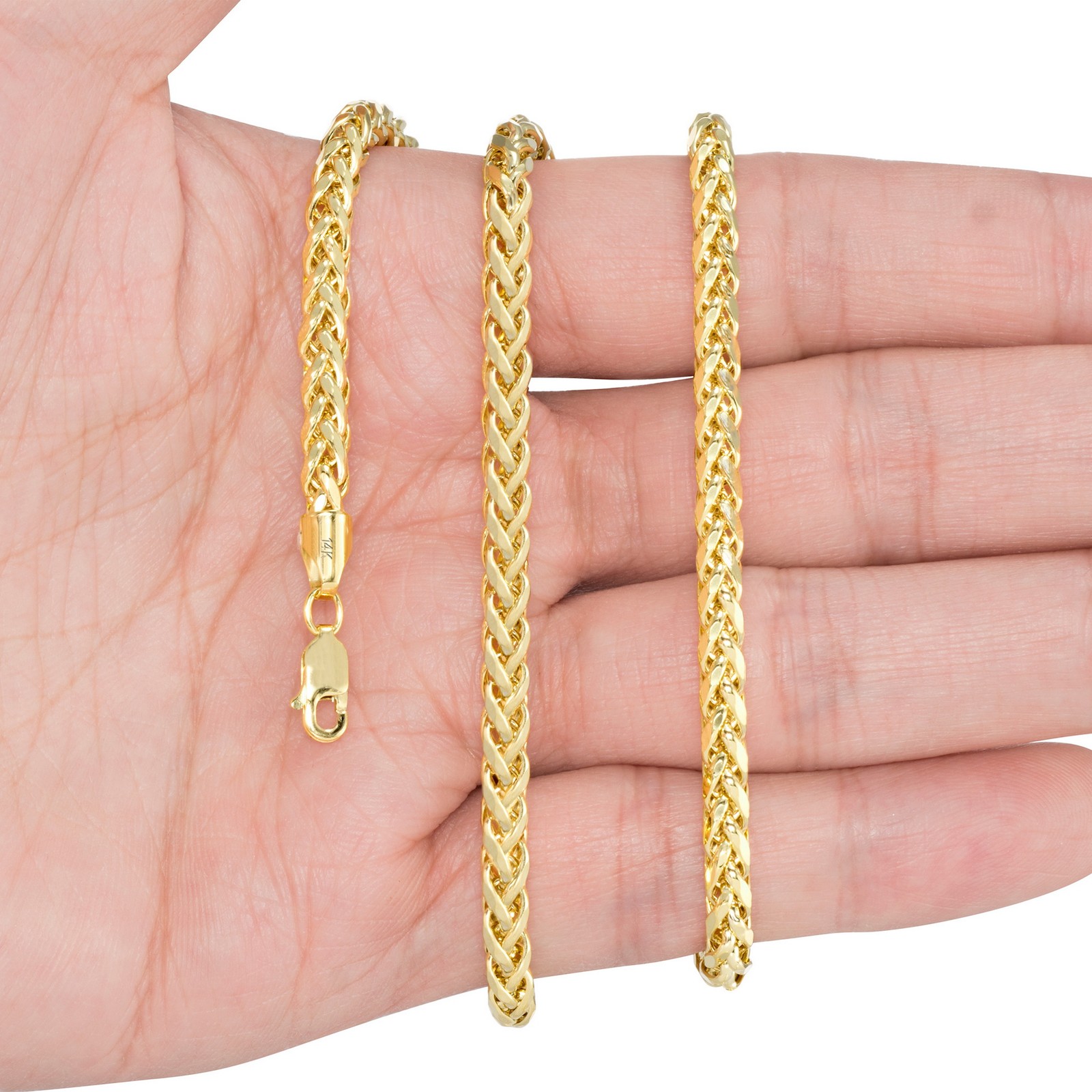14K Yellow Gold 4mm Franco Wheat Foxtail Palm Link Chain Mens Necklace 16″- 30″