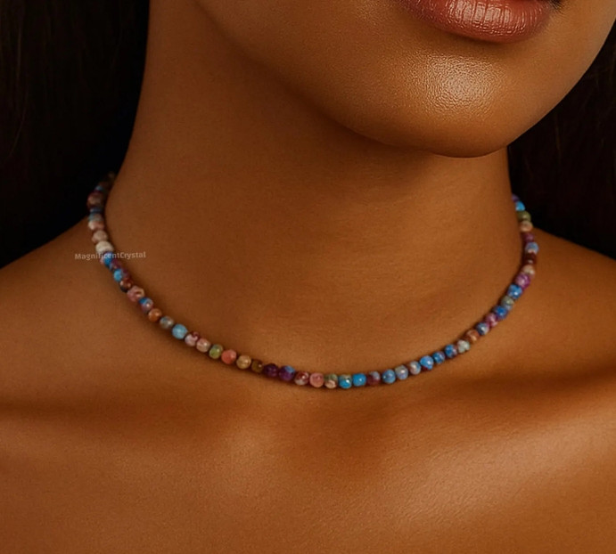 Natural Galaxy Sea Sediment Jasper Choker Minimalist Rainbow Stone Necklace