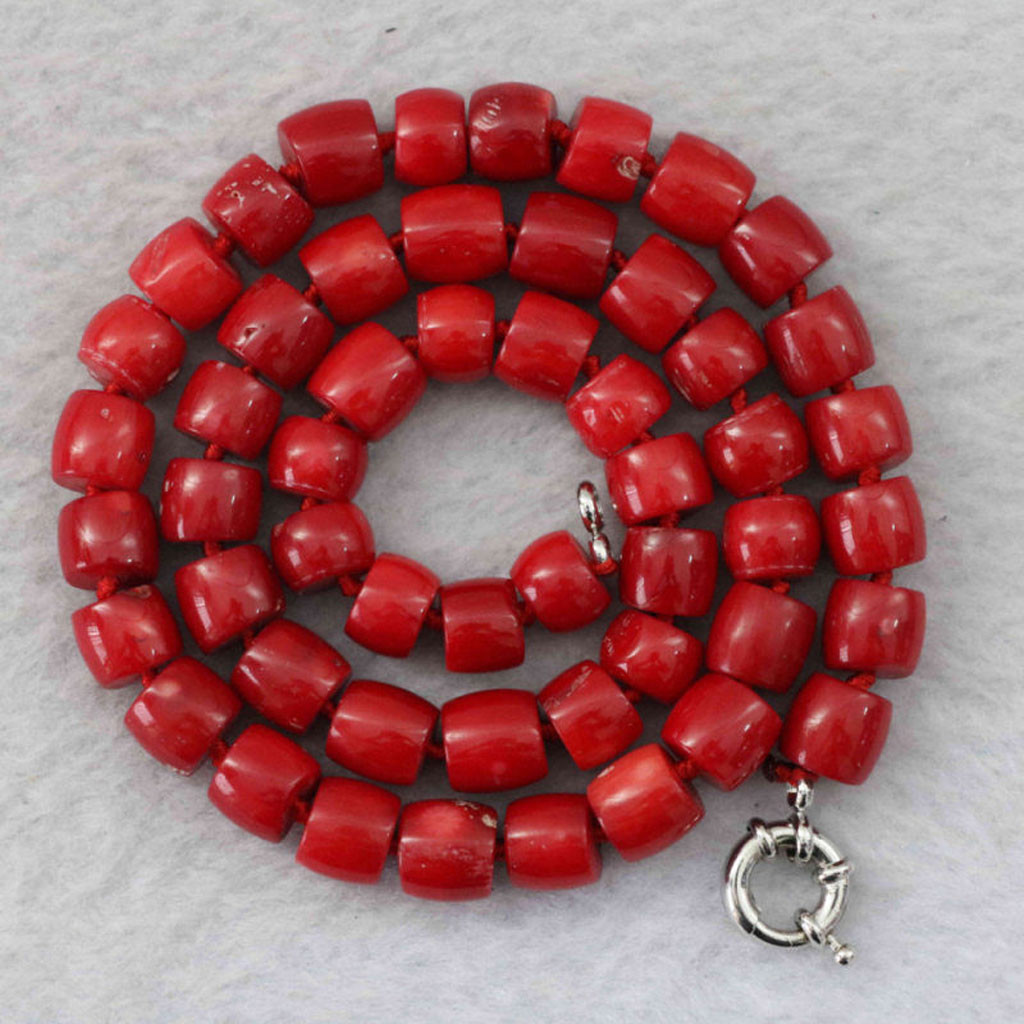 Natural Stone Red Coral 8-10mm Irregular Cylindrical Beads Necklace Chain 18″