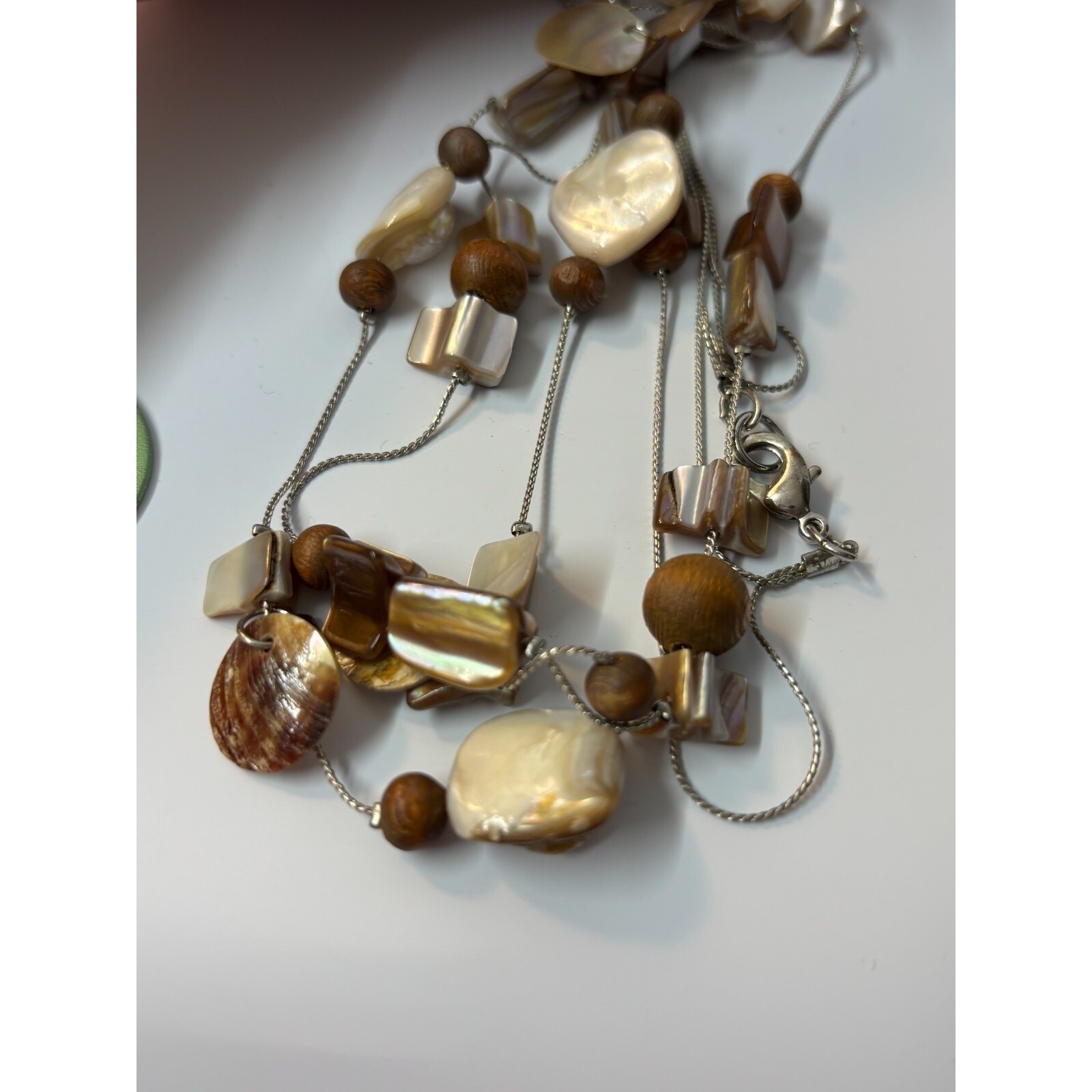 Long Statement Necklace Mother of Pearl Wood Beads Brown Artsy Boho Jewelry