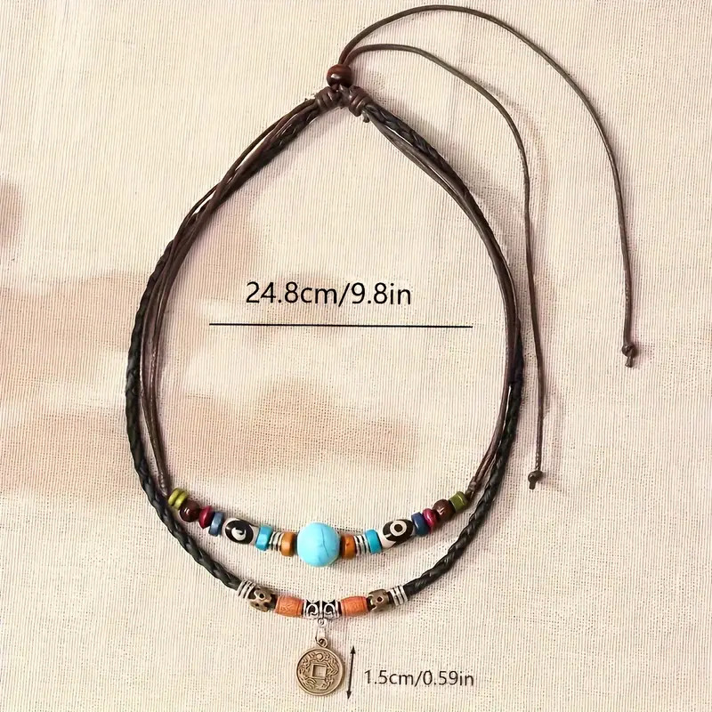 Western Layered Boho Wood Beads Copper Coin Choker Necklace