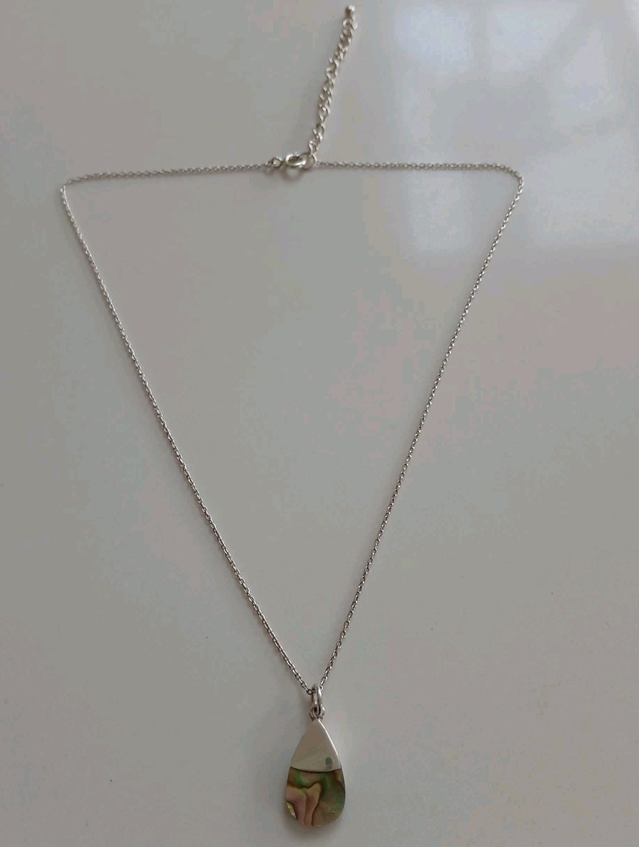 STERLING SILVER & ABALONE SHELL TEARDROP PENDANT & NECKLACE HALLMARKED – 18 INCH
