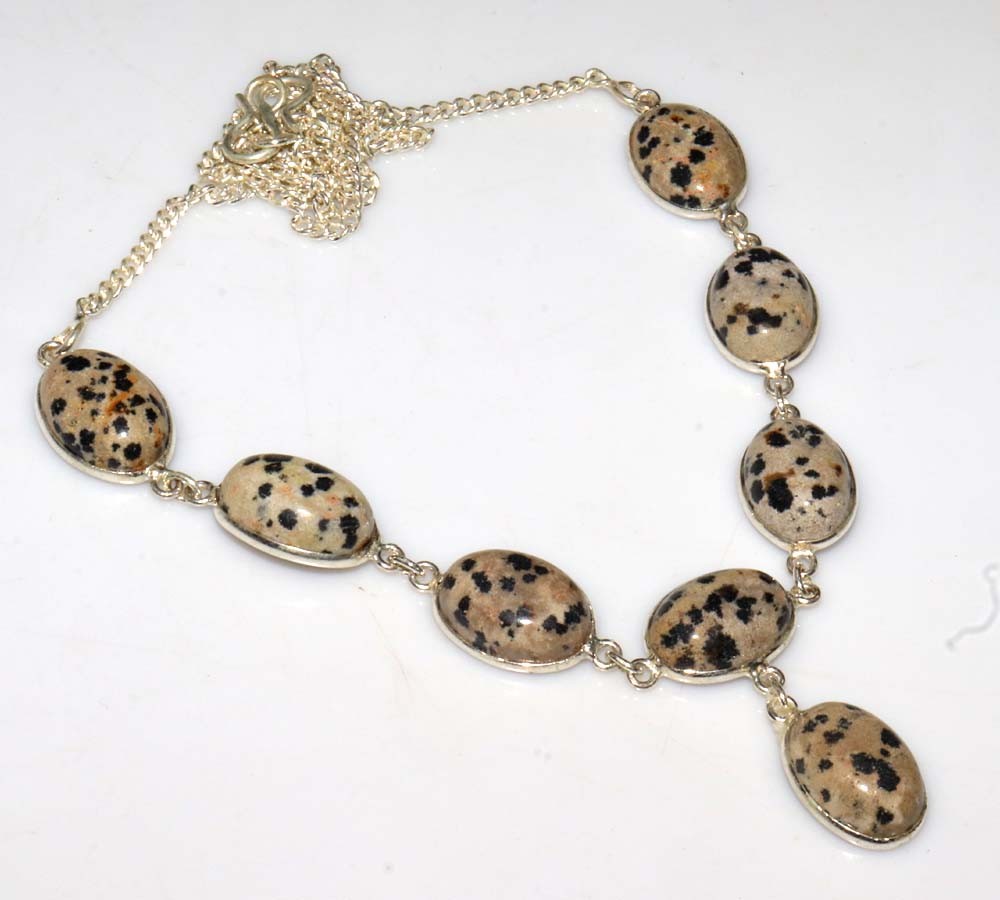 925 Silver Plated Dalmation Jasper Necklace 17″ Holiday Theme Jewelry Trendy MJ