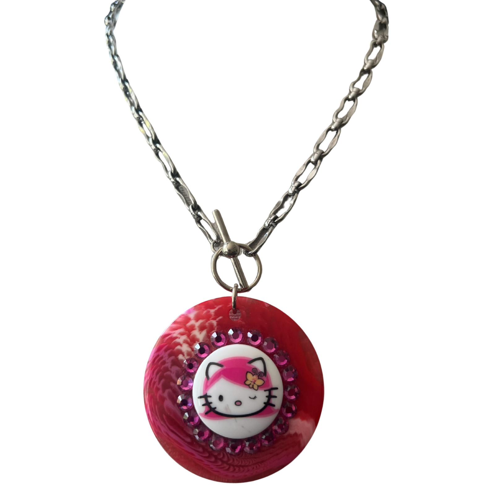 Tarina Tarantino Vintage Pink Head Red White Swirl Lucite Hello Kitty Necklace