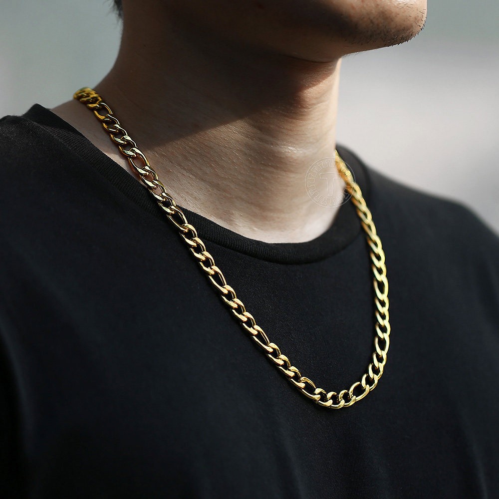 3/5/7/9mm Gold Plated Stainless Steel Figaro Chain Necklace Choker 16-30″