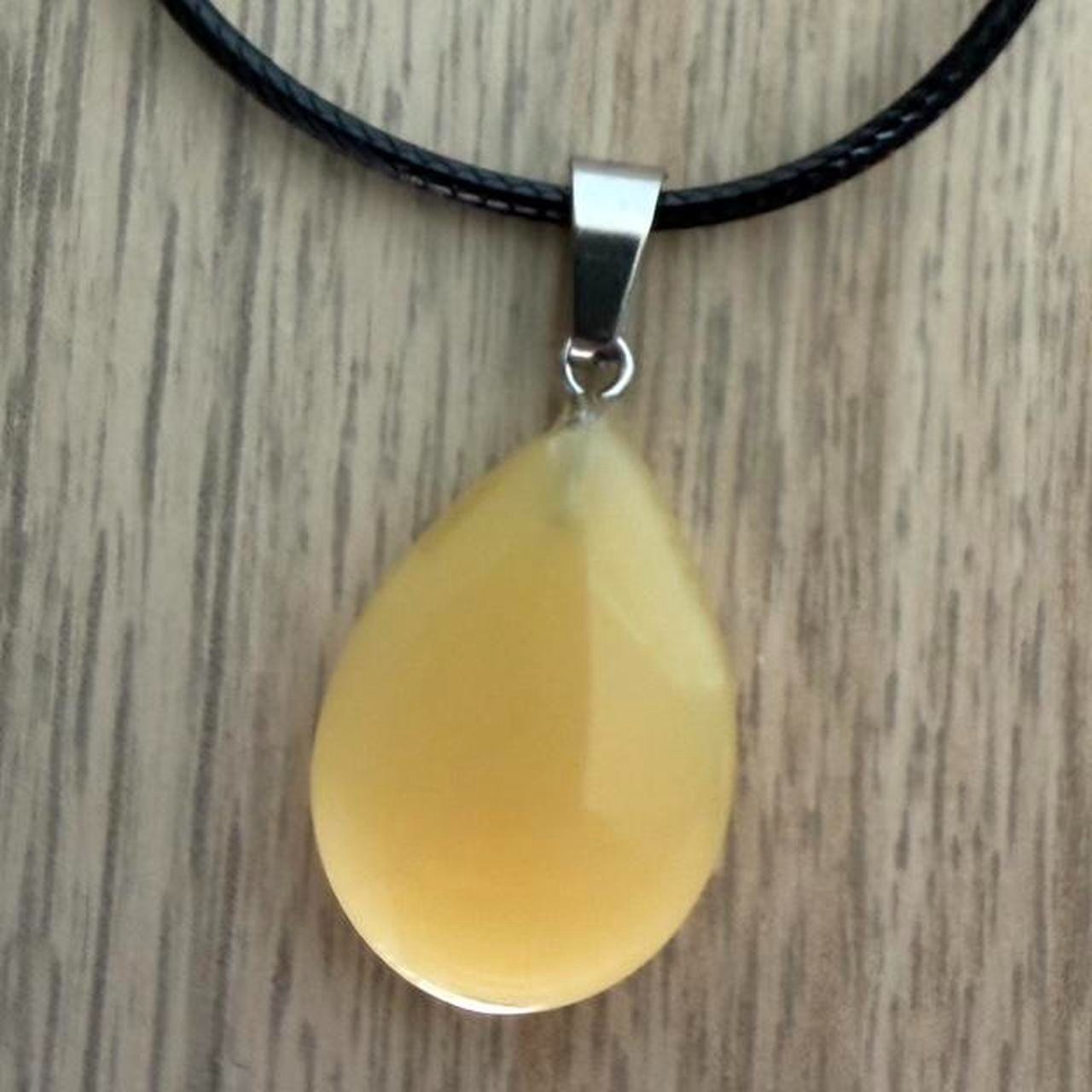 Yellow Agate Teardrop Pendant Necklace with Black Cord and Lobster Claw Closure