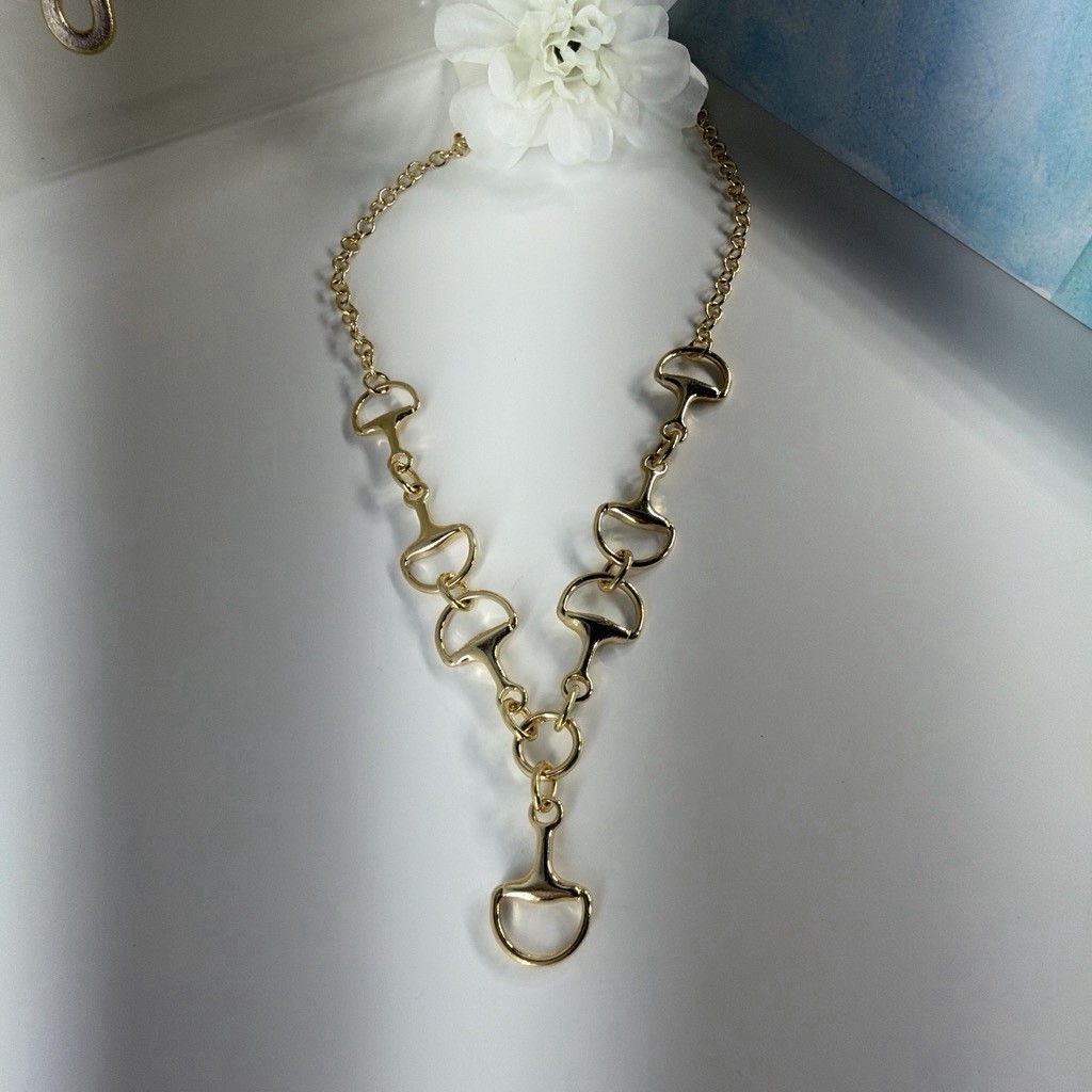 Gold Tone Cable Chain Charm Pendant Necklace Link Accents Lobster Clasp
