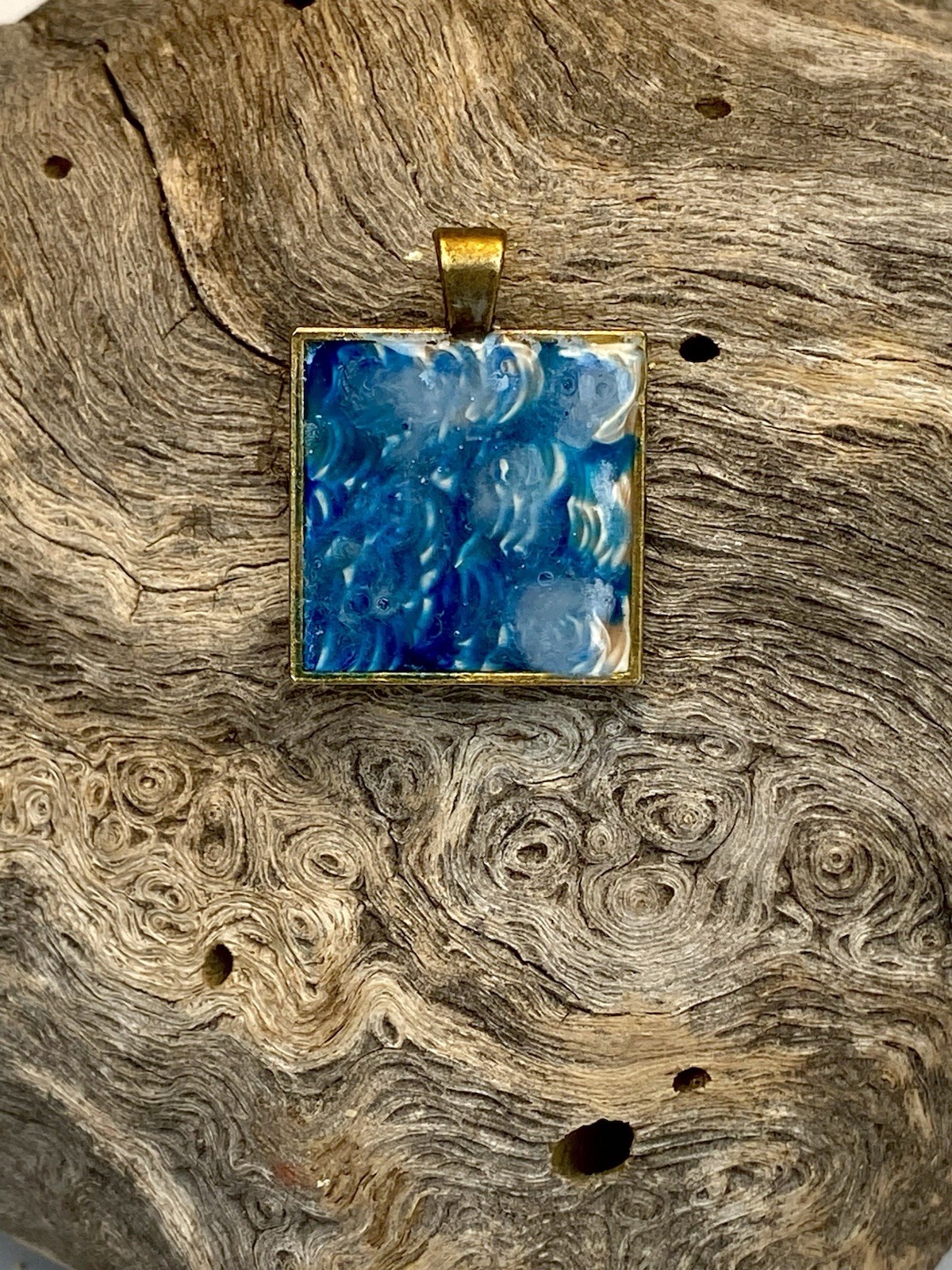 Square Blue Art Design Pendant Charm, Bezel Set, No Stone, Undated Era