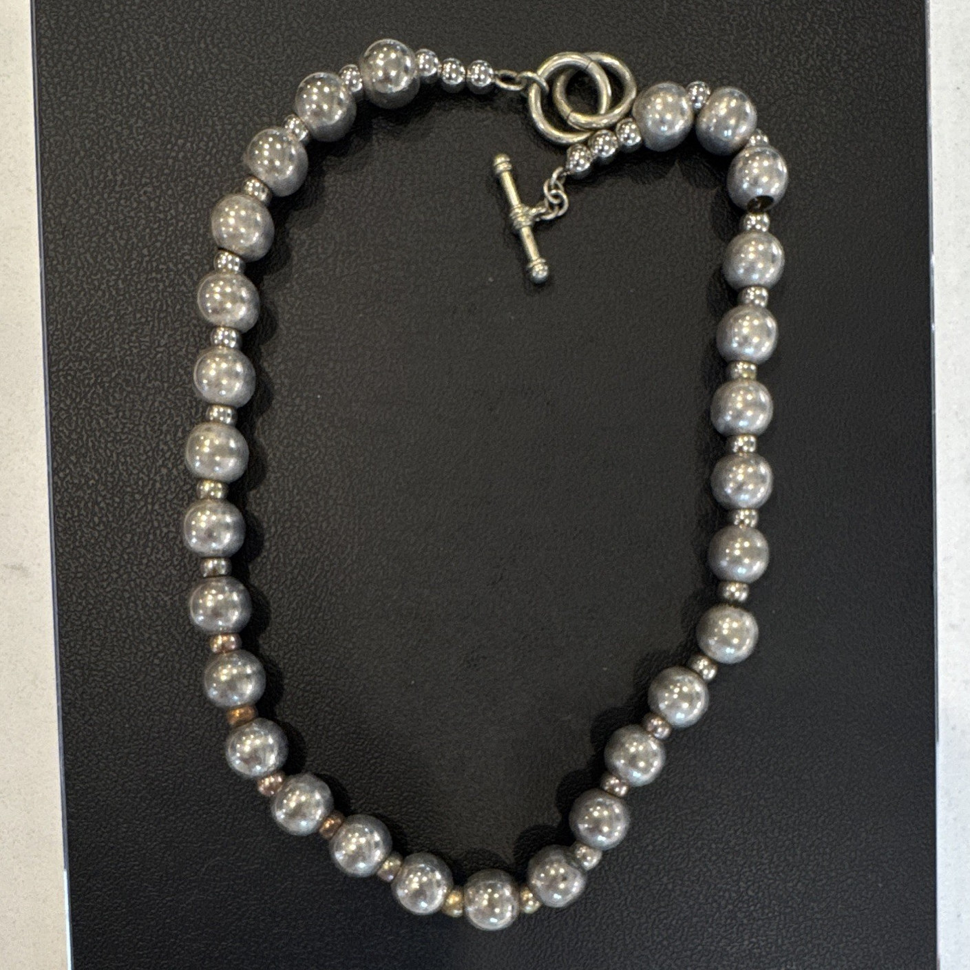 Silver Tone Metal Beaded Ball Chain Necklace With Toggle Clasp, No Stones