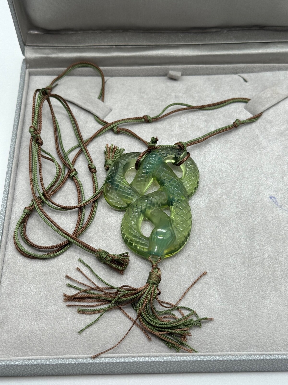 Lalique France Crystal Green Snake Serpent Pendant Silk Cord Necklace w/ Box