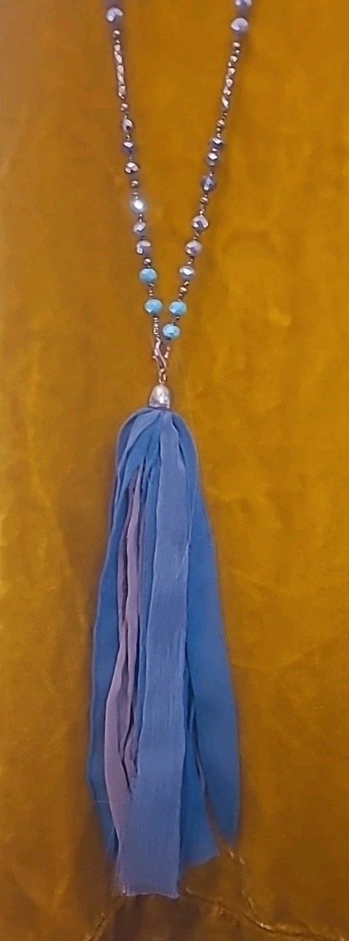 Versona Aqua/brown/taupe Beads W Fringe Tassel Aqua And Brown 36″