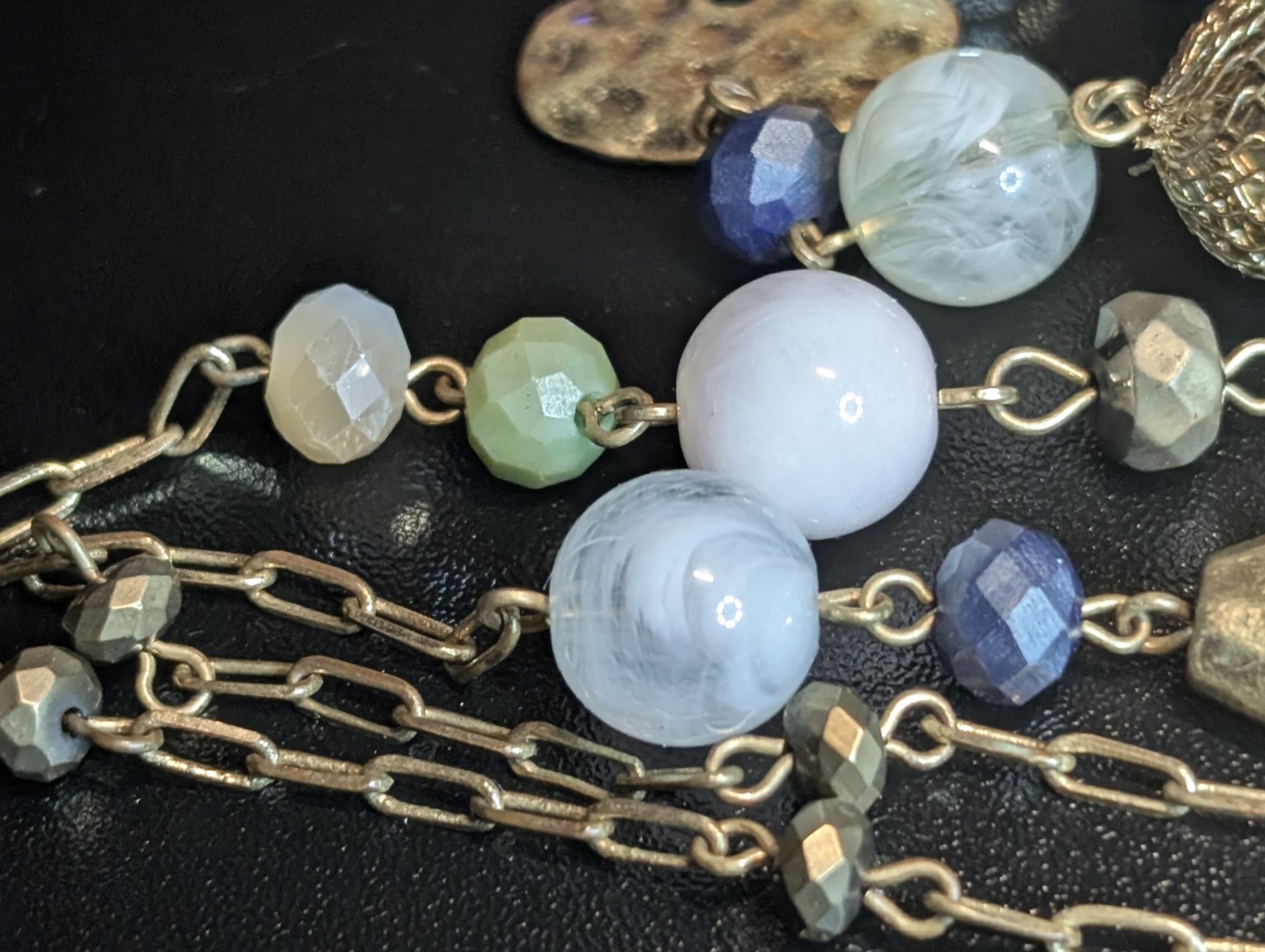 Long Boho Multi Strand Station Necklace Faceted Glass Resin Mesh Metal Beads…