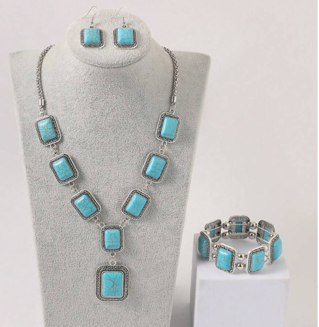 WESTERN-4Pcs Bohemian Retro Set, Faux Turquoise Necklace, Bracelet, and Earrings
