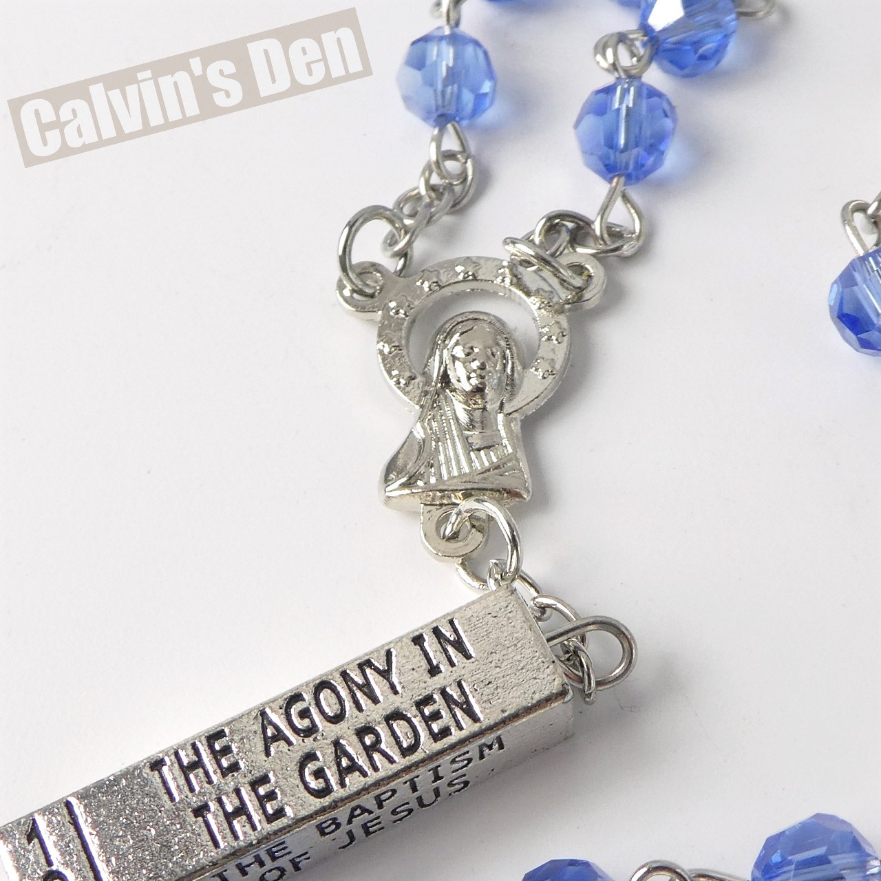 Mysteries of the Rosary Devotional Metal Bead Blue Crystal Necklace Crucifix