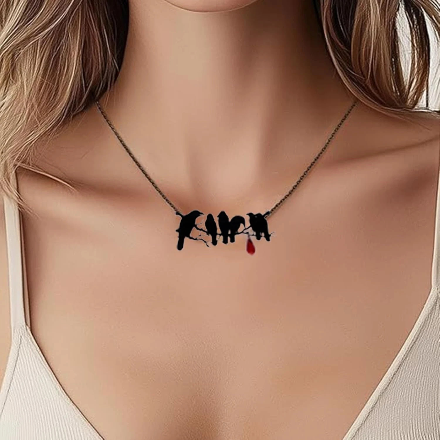 Halloween Crow Necklace for Women Vintage Gothic Black Crow Pendant Necklace Bla