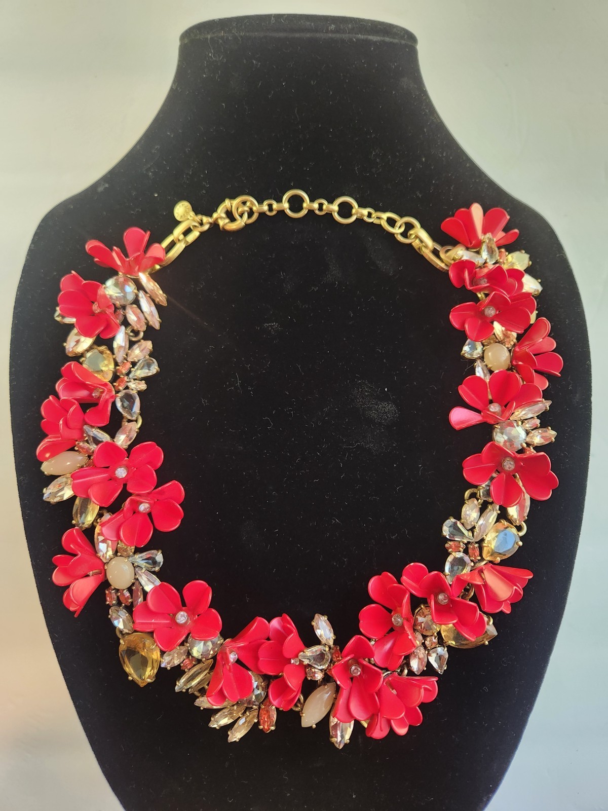 J.CREW Signed Red Flower Collar Statement Necklace Crystal Rhinestone Lobster