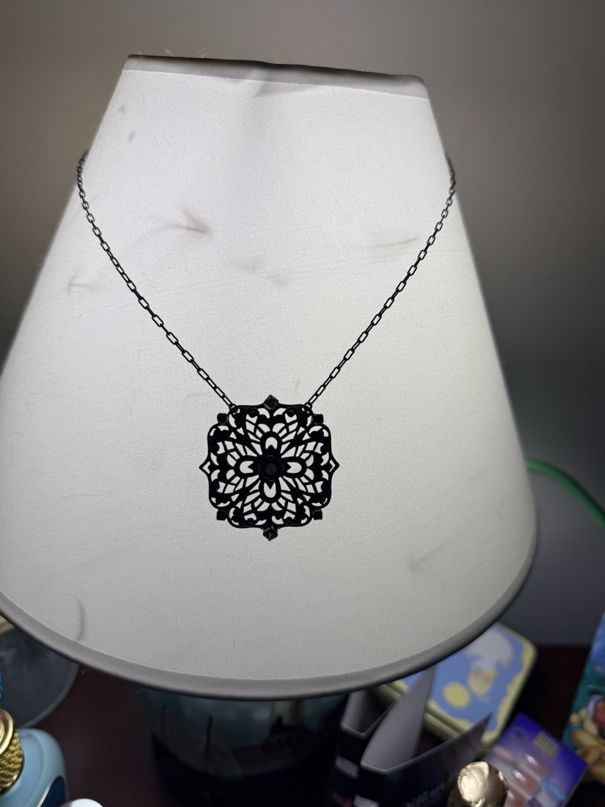 New Sabika gun metal vintage filigree necklace with blue, red, clear crystal