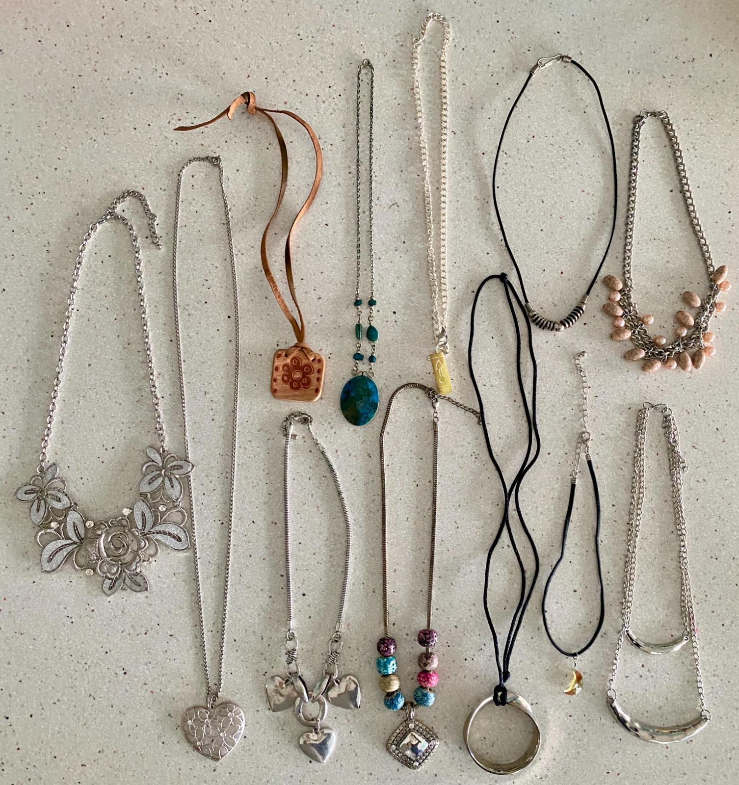 Lot of 12 Necklaces Silver Tone Boho Rhinestone Lariat Adjustable Hear Flowers