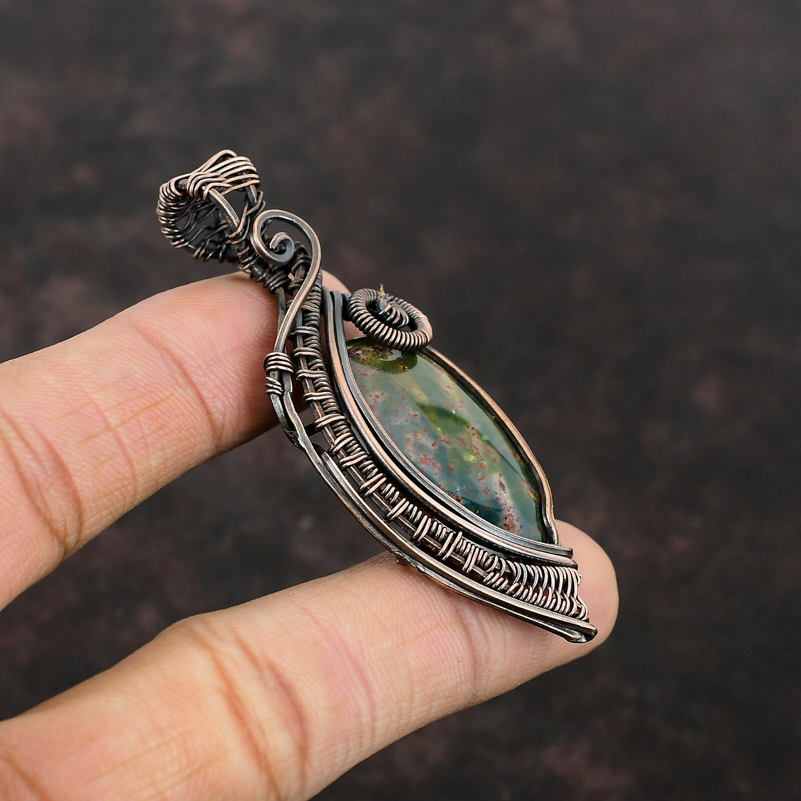 Valentine Gift Bloodstone Jewelry Copper Mom Gift Wire Wrapped Pendant 2.76″
