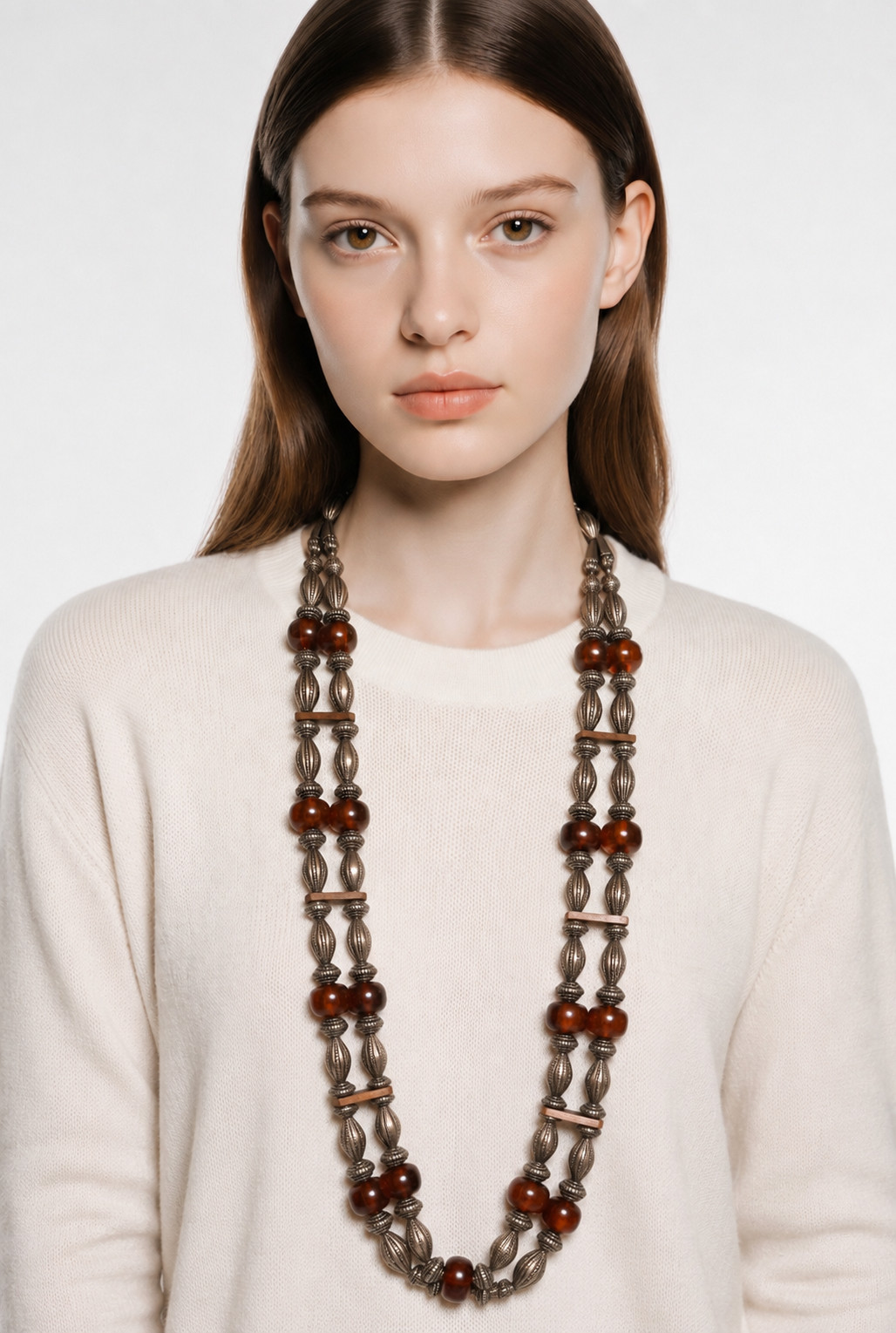 long statement double strands vintage silver necklace with amber and leather