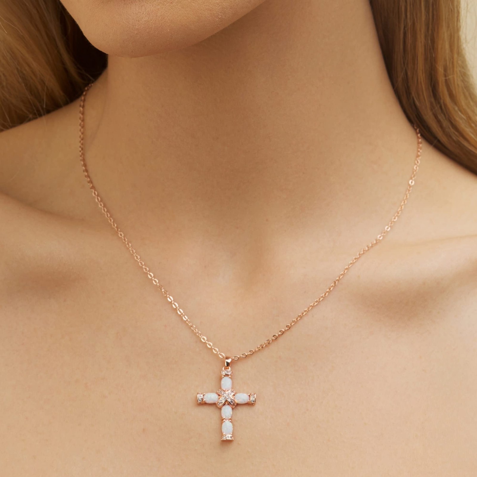 Barzel 18K Rose Gold Plated Created Opal Cross Necklace One Size,