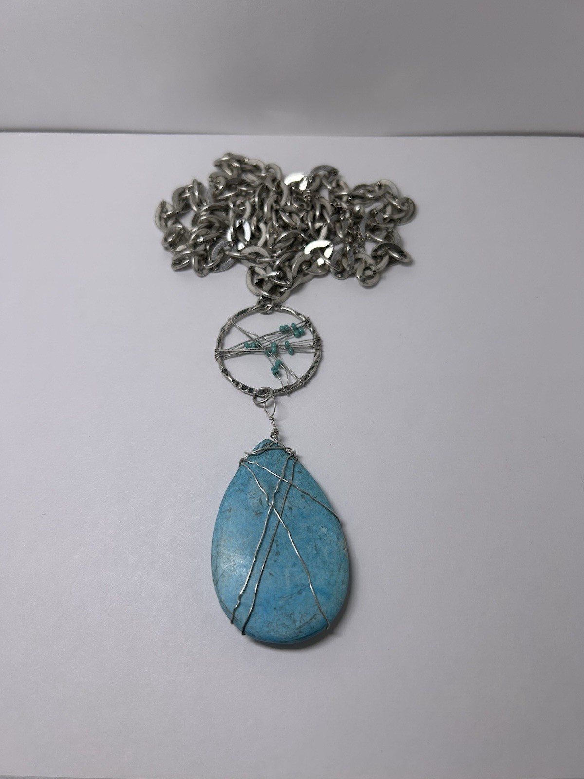 Naturalist Silver Tone Chain Necklace Zen Blue Teardrop Stone Pendant Beatnik