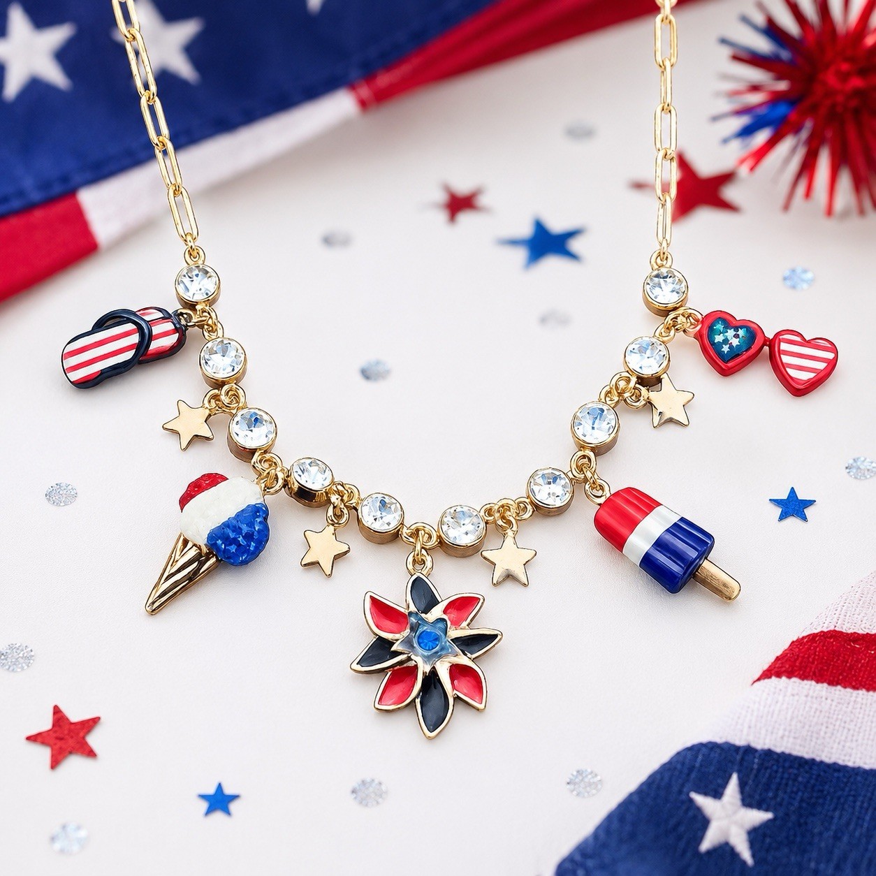 Betsey Johnson Americana Charm Necklace Patriotic 4th of July Rhinestone USA NWT
